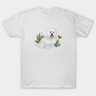 A Bolognese Dog Sitting in Soft Grass with Flowers T-Shirt